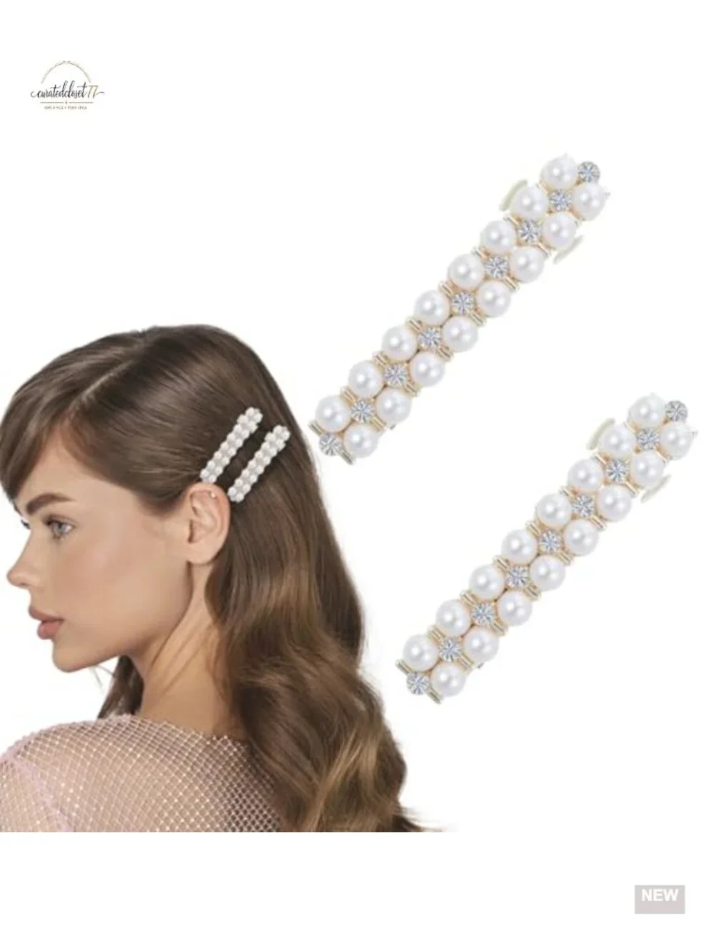 2 Pcs Pearl Barrettes, Elegant French Barrette Hair Clips with Rhinestones,